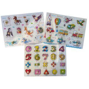 Wooden Peg Puzzle Set For Kids - 3 Boards - Alphabet Numbers & Animals Education
